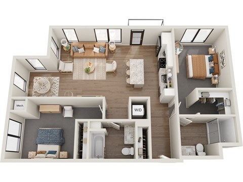a 3d floor plan of a bedroom with a bathroom and a living room